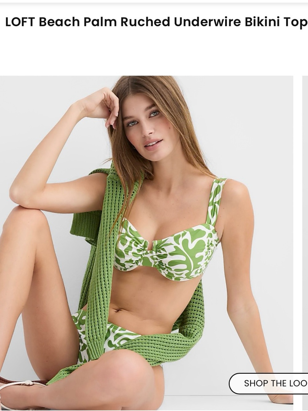LOFT Green and White Palm Print Ruched Underwire Bikini Top  SIZE S